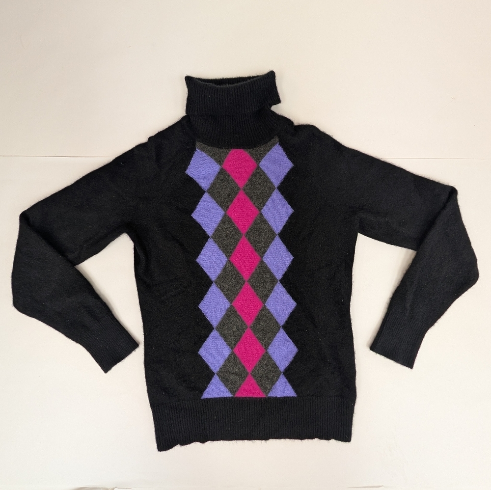 Victor Alfaro Cashmere Black Pink Purple Argyle Turtle Neck Sweater Small [43]